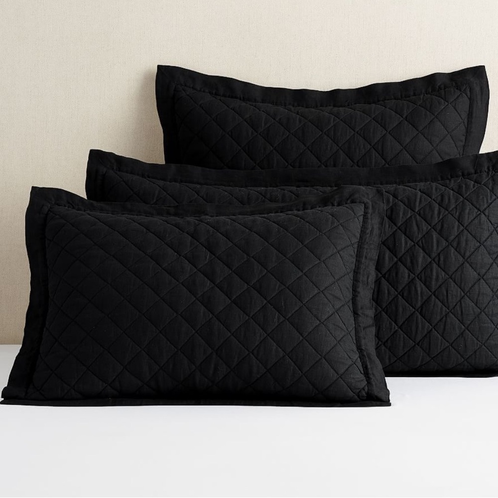 Pottery Barn Belgian Flax Linen Diamond Quilted Sham Black King Set of 2